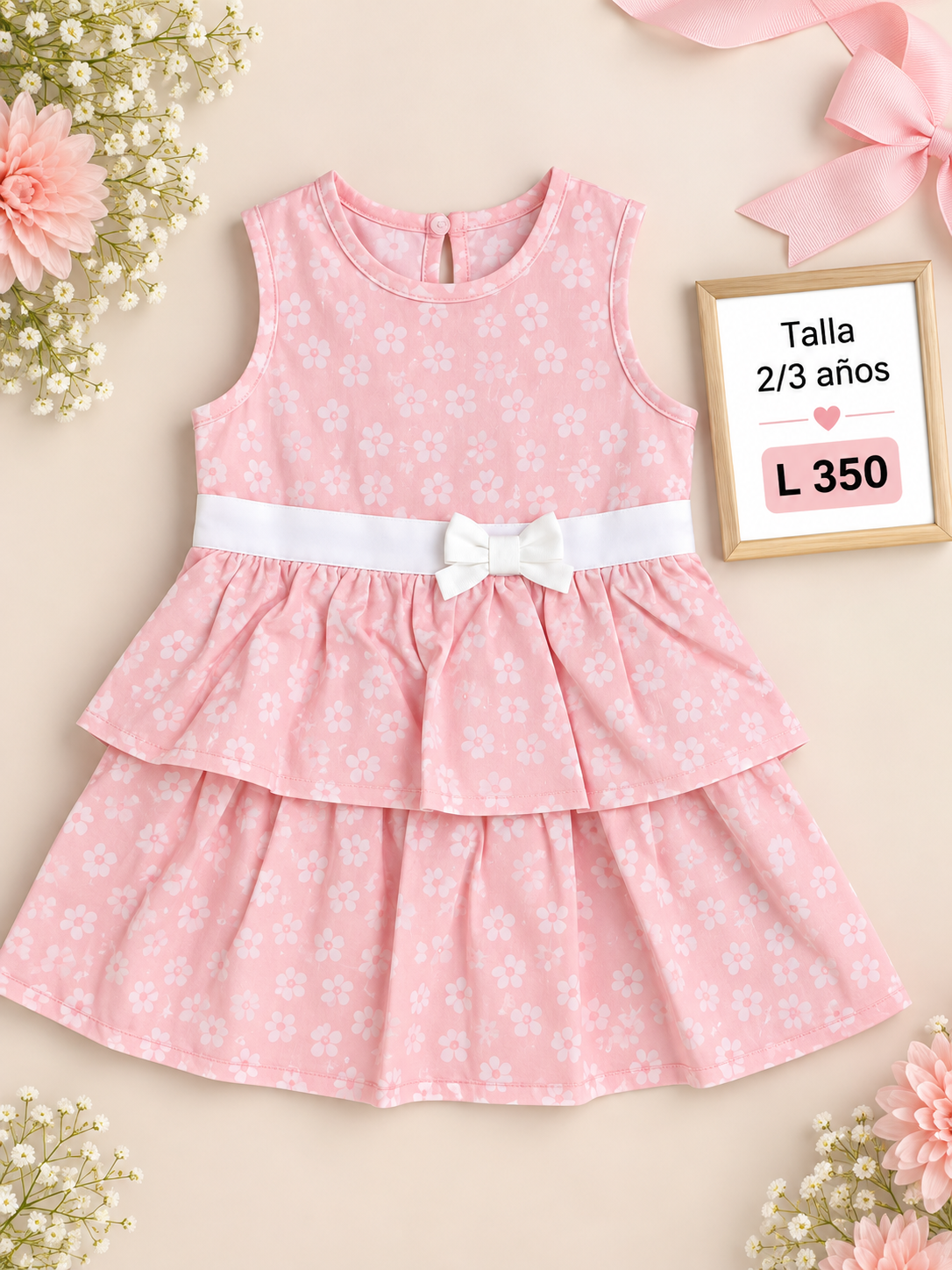 Vestido para niña rosado sin mangas con delicado estampado floral y elegante lazo en la cintura