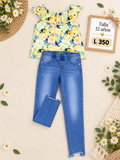 Conjunto para niña, blusa amarilla con estampado floral y unos jeans de mezclilla azul