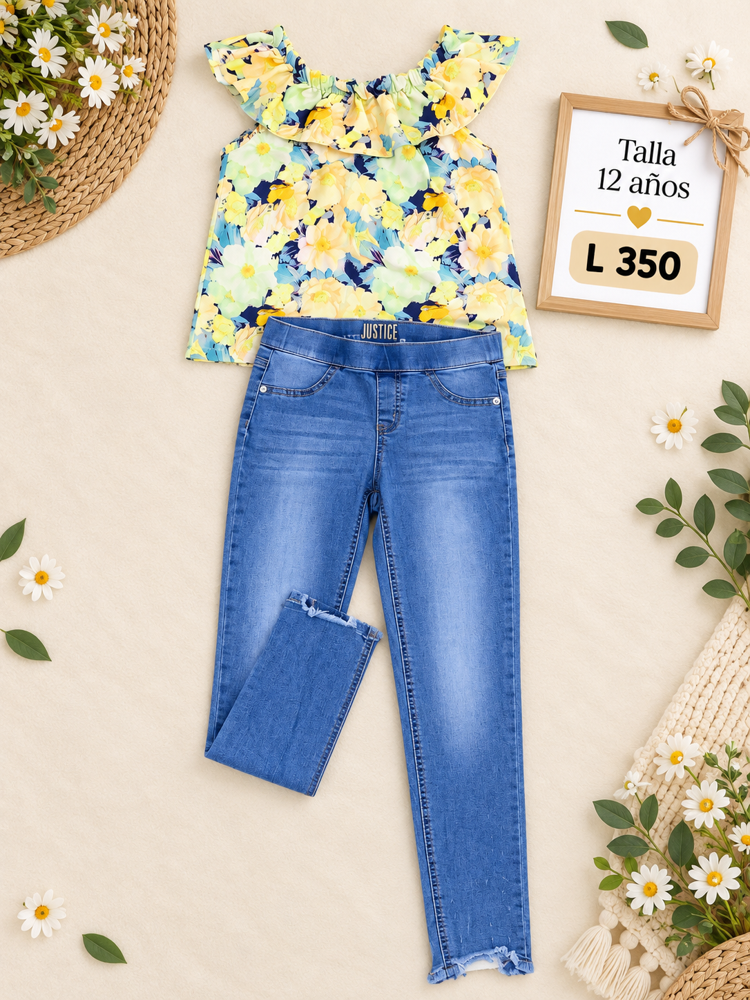 Conjunto para niña, blusa amarilla con estampado floral y unos jeans de mezclilla azul