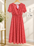 Vestido largo estilo bohemio con estampado floral cuello en V y de mangas cortas abullonadas