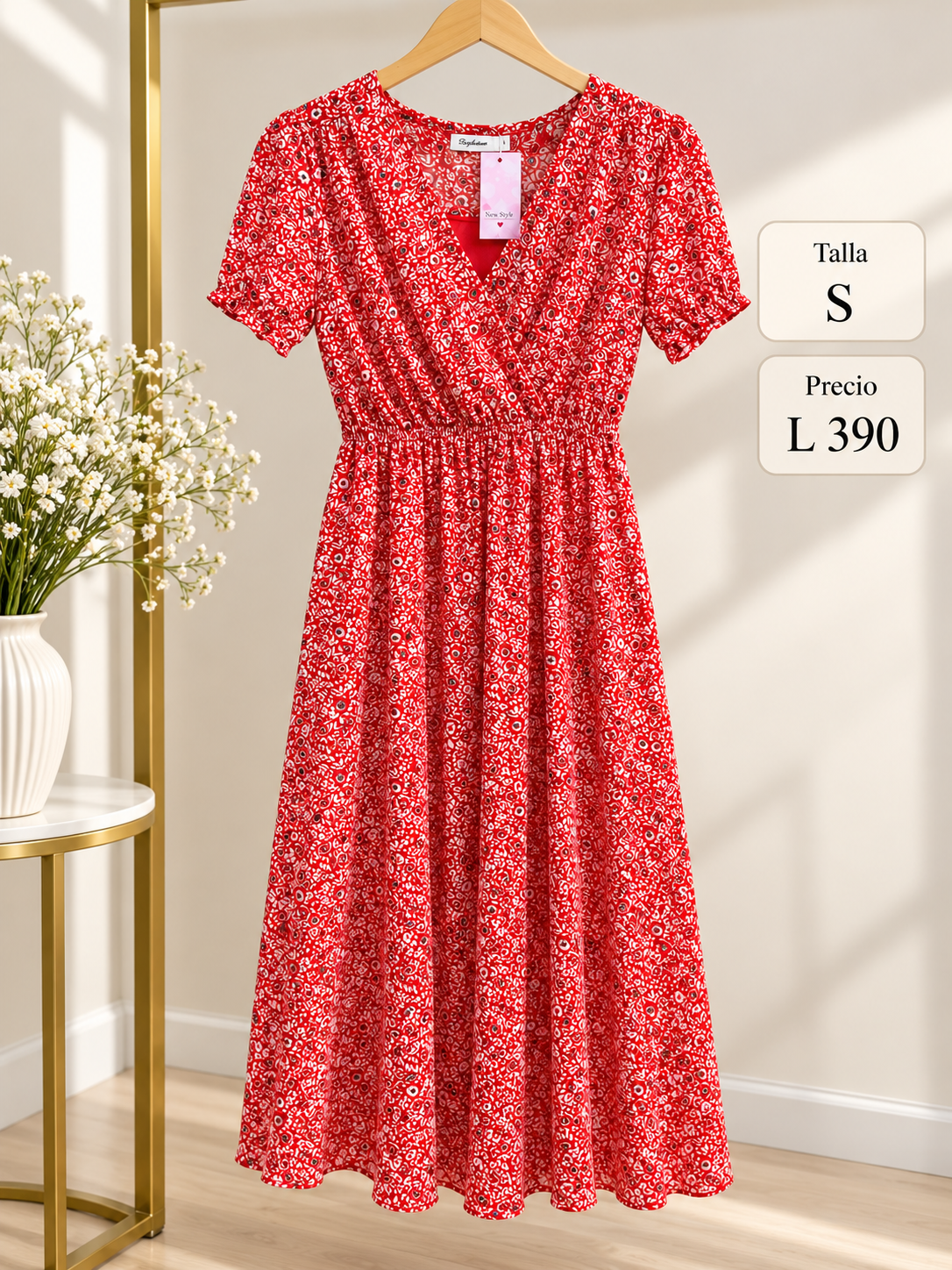 Vestido largo estilo bohemio con estampado floral cuello en V y de mangas cortas abullonadas