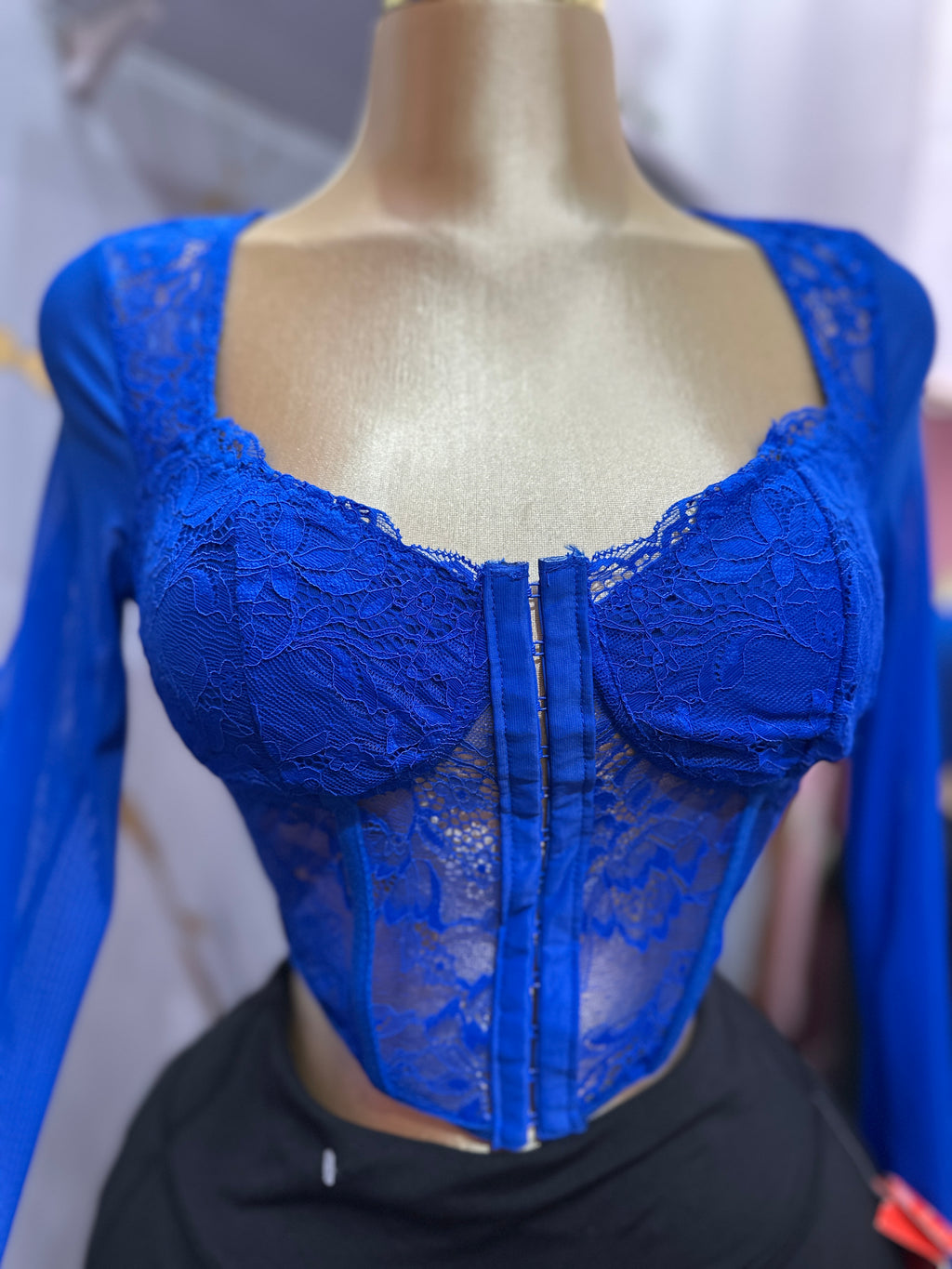Top azul rey estilo corsé con encaje de manga larga con cierre frontal de ganchos