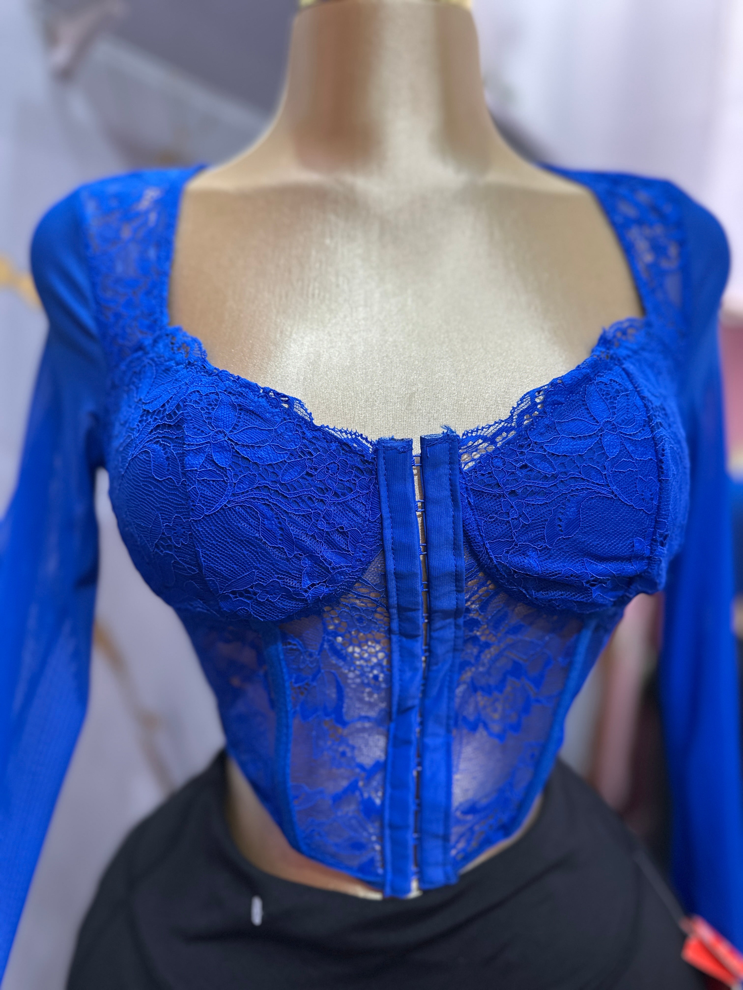 Top azul rey estilo corsé con encaje de manga larga con cierre frontal de ganchos