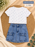 Conjunto para niña, blusa blanca con estampado floral y una minifalda de mezclilla tipo cargo
