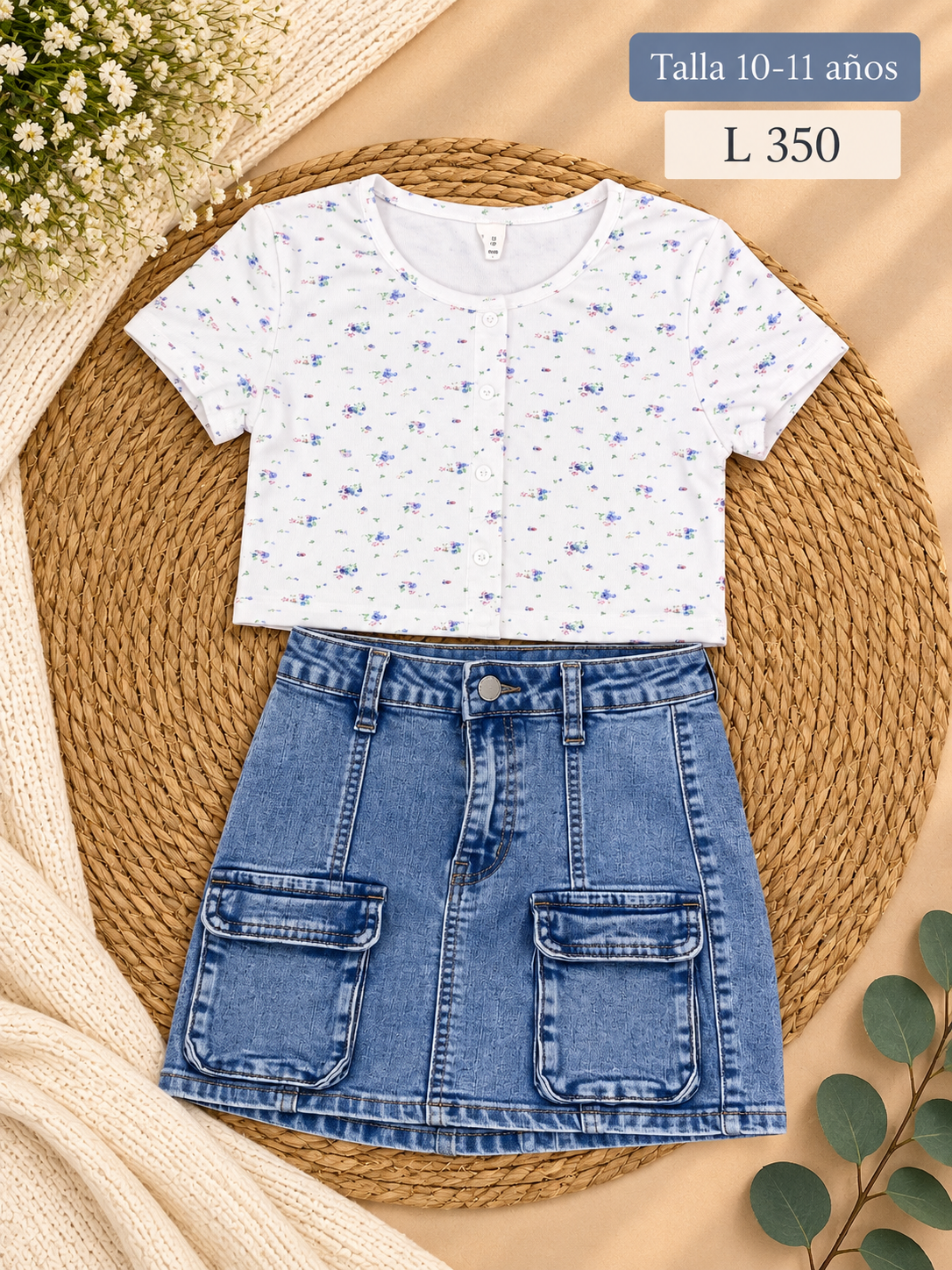 Conjunto para niña, blusa blanca con estampado floral y una minifalda de mezclilla tipo cargo