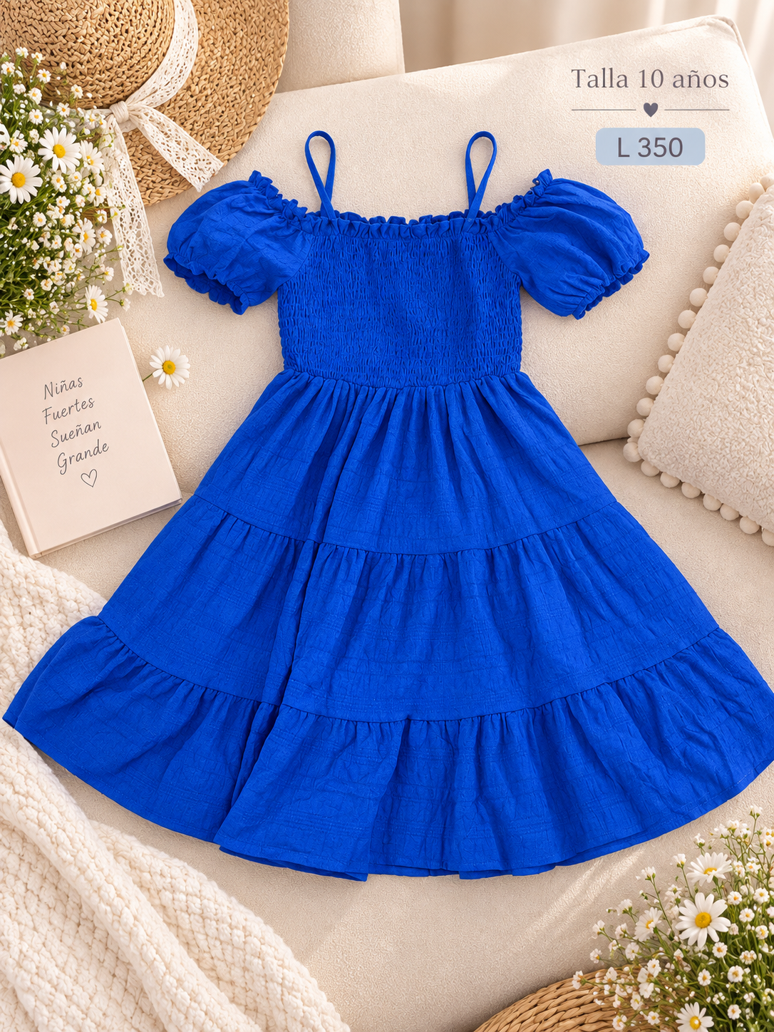 Vestido azul para niña, de tirantes con hombros descubiertos y de mangas abullonadas