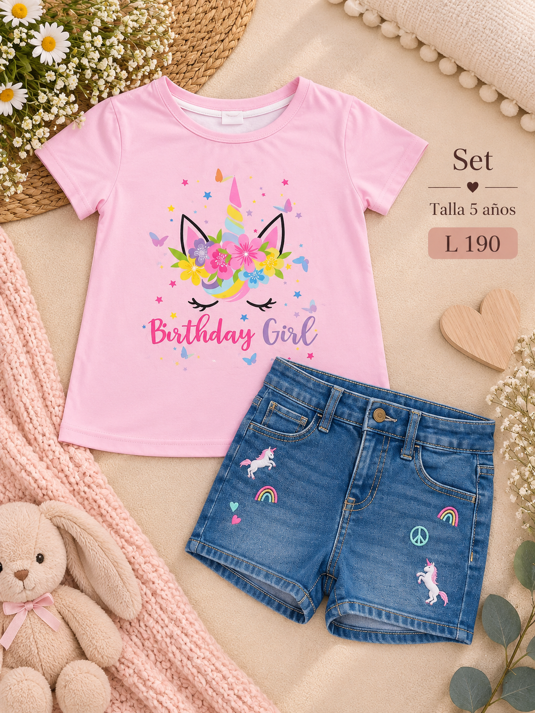 Conjunto para niña, camiseta rosada u shorts de Mezclilla