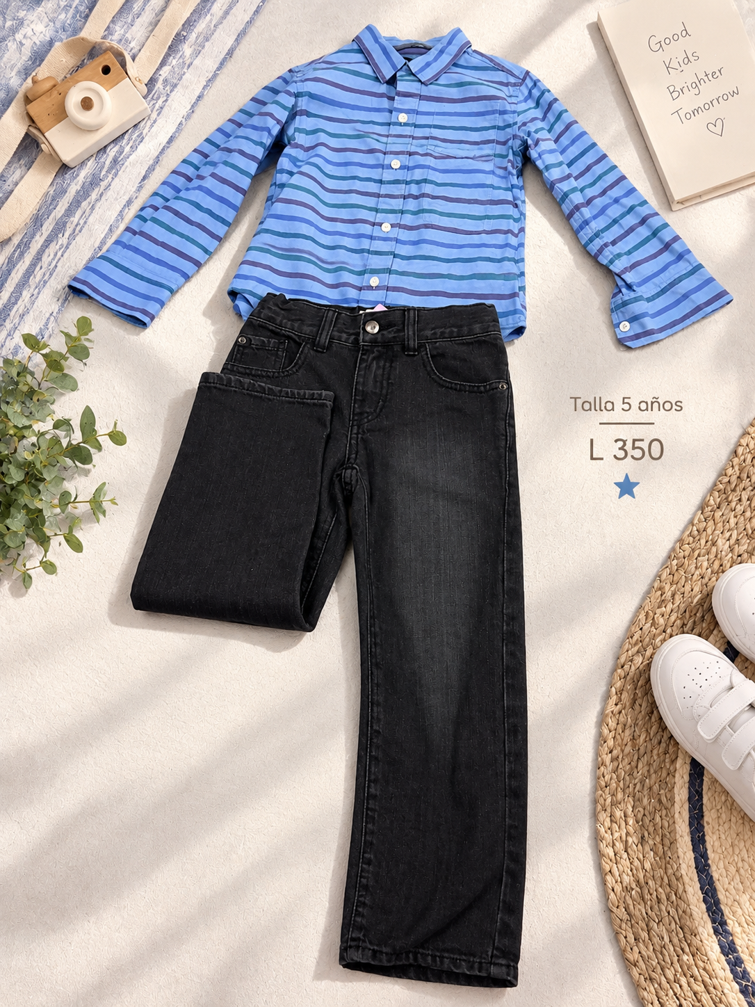 Conjunto para niño, camisa manga larga de rayas color azul y jean oscuro