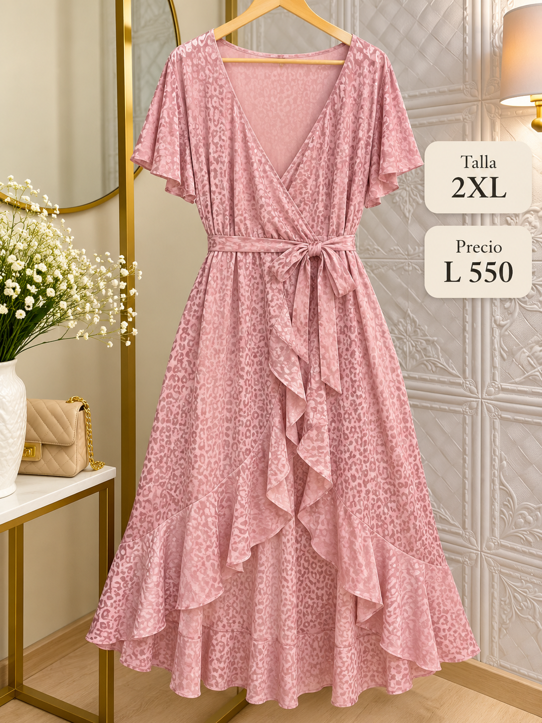 Vestido midi de color rosa con diseño cruzado con volantes asimétricos y un delicado estampado