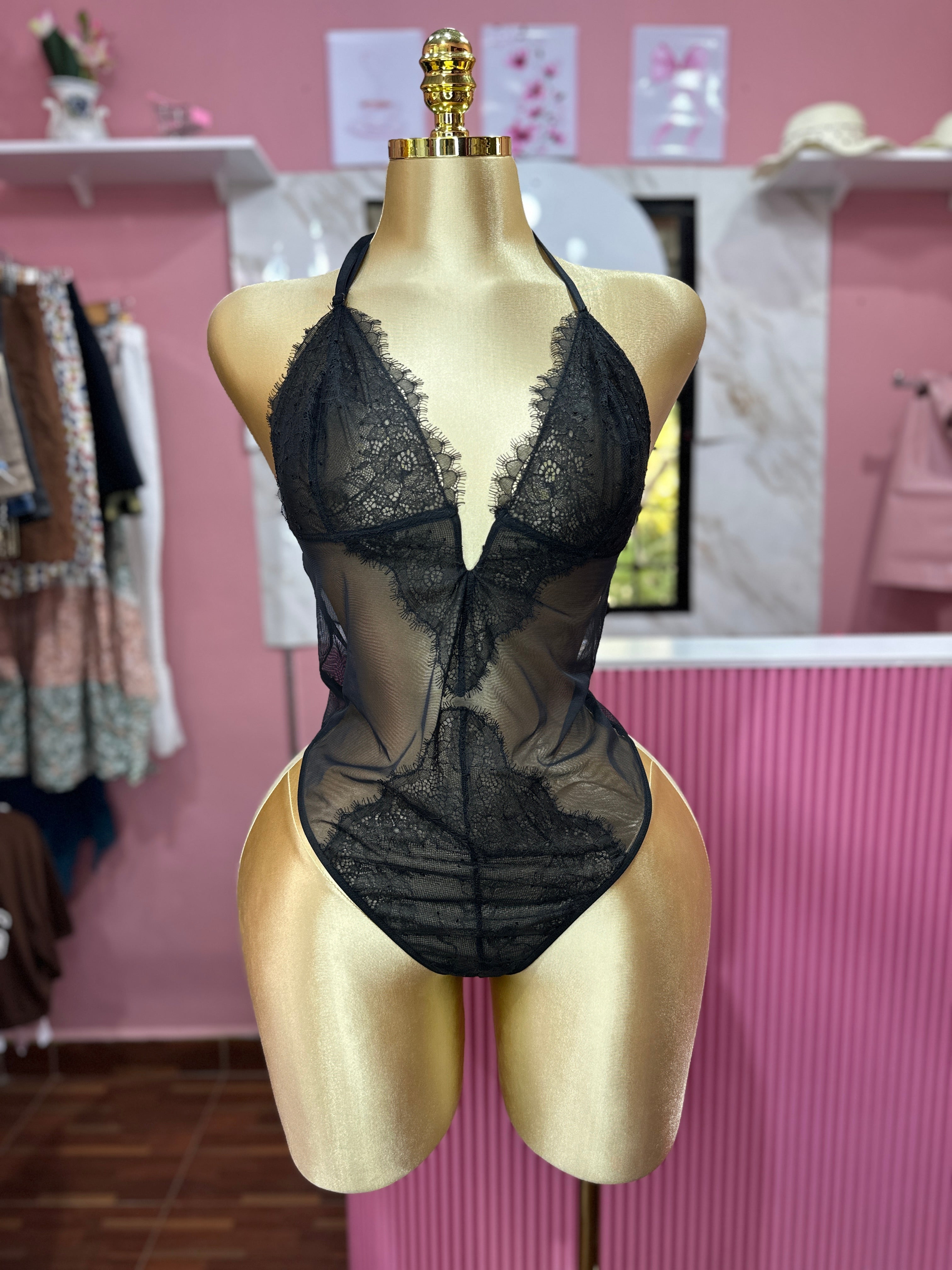Body de Encaje con Escote-Negro