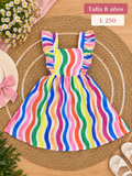 Vestido para niña con un diseño a rayas multicolor y tirantes con volantes