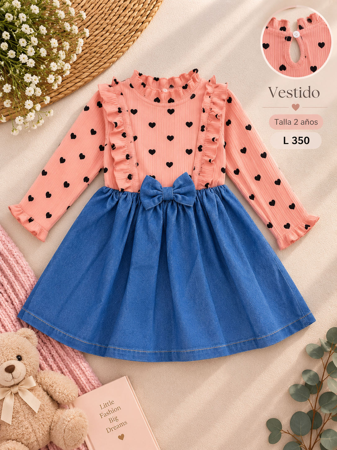 Vestido para niña en tonos rosa con corazones negros y falda azul de mezclilla