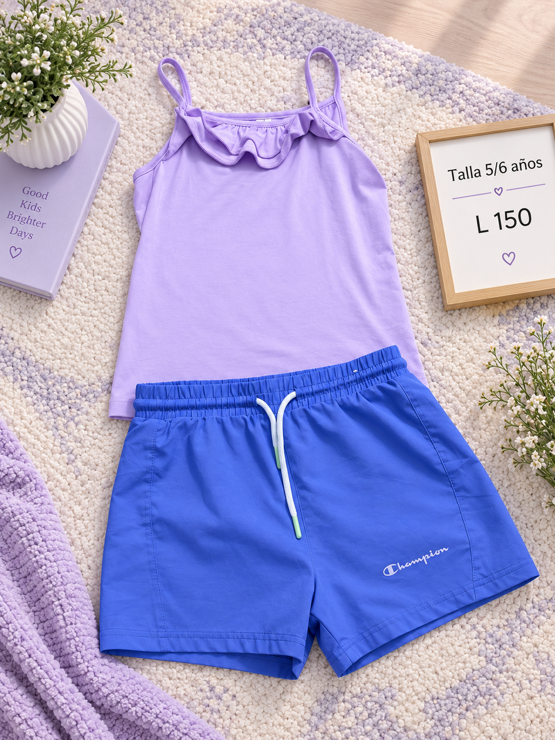 Conjunto para niña, blusa de tirantes morada y short con cordón ajustable