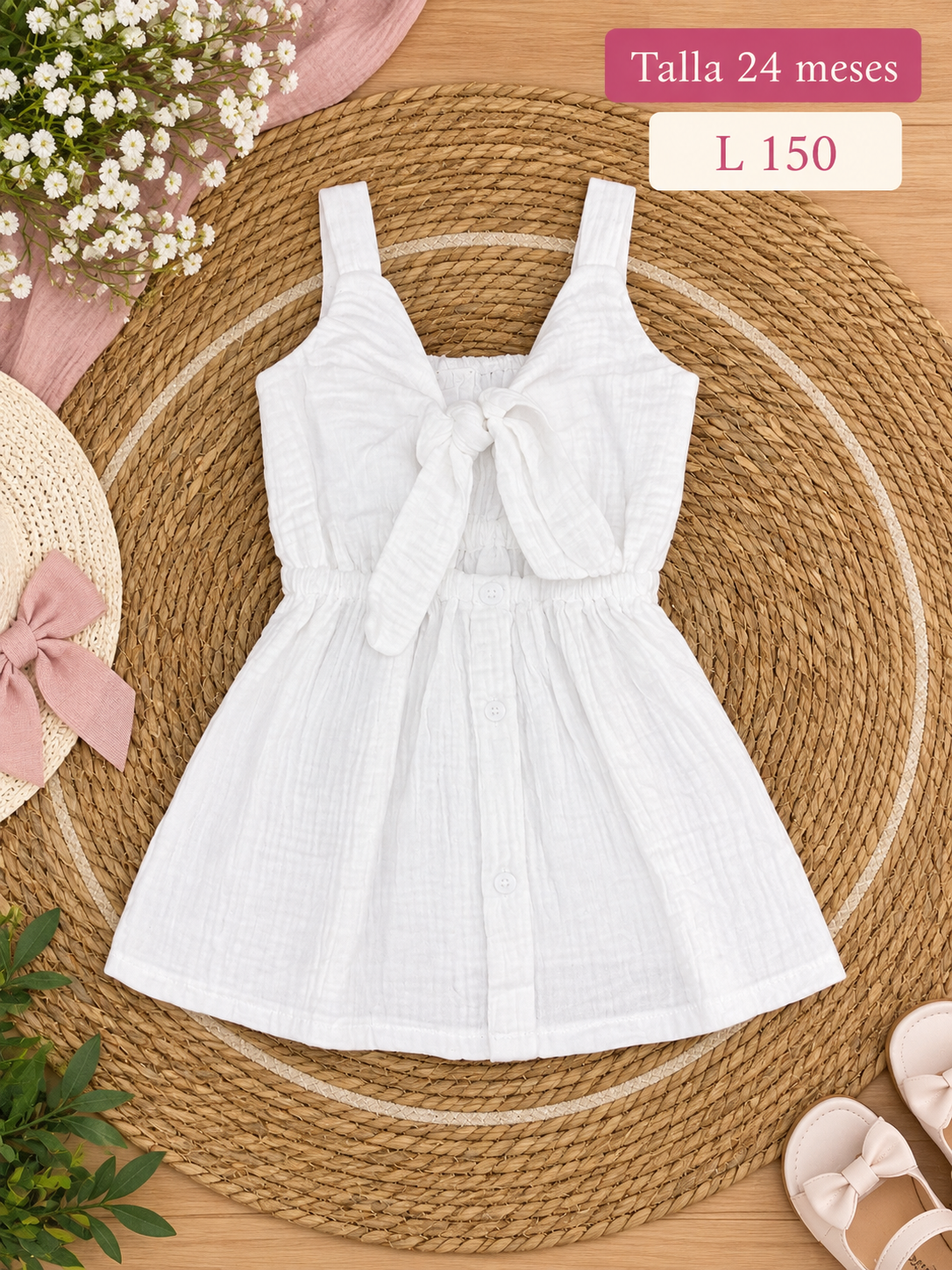 Vestido blanco sin mangas para niña con detalle de lazo en el pecho