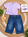 Conjunto para niña, blusa morada con diseño traslapado y un short Jean