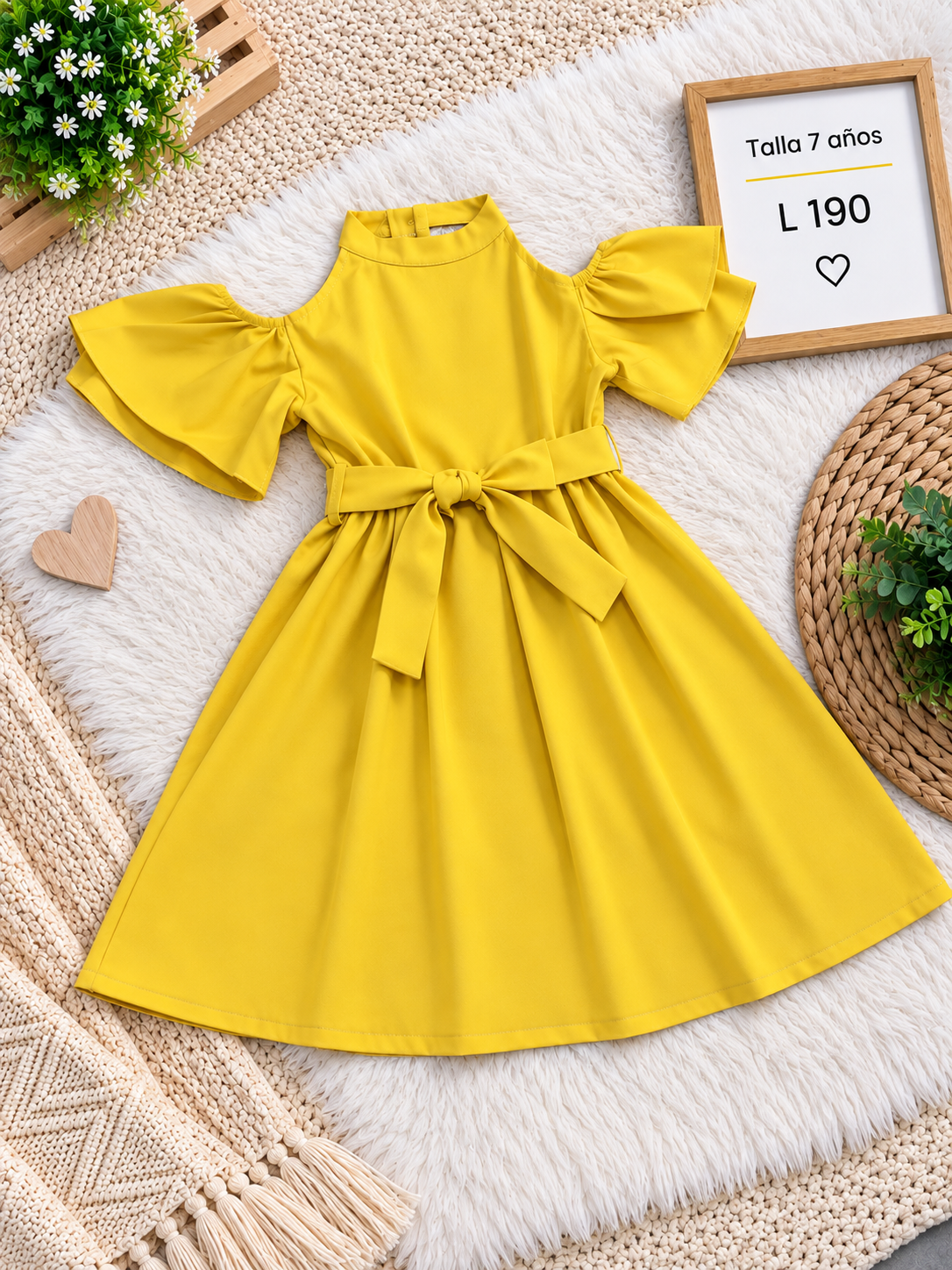 Vestido amarillo para niña con hombros descubiertos, mangas abullonadas y un cinturón de lazo en la cintura