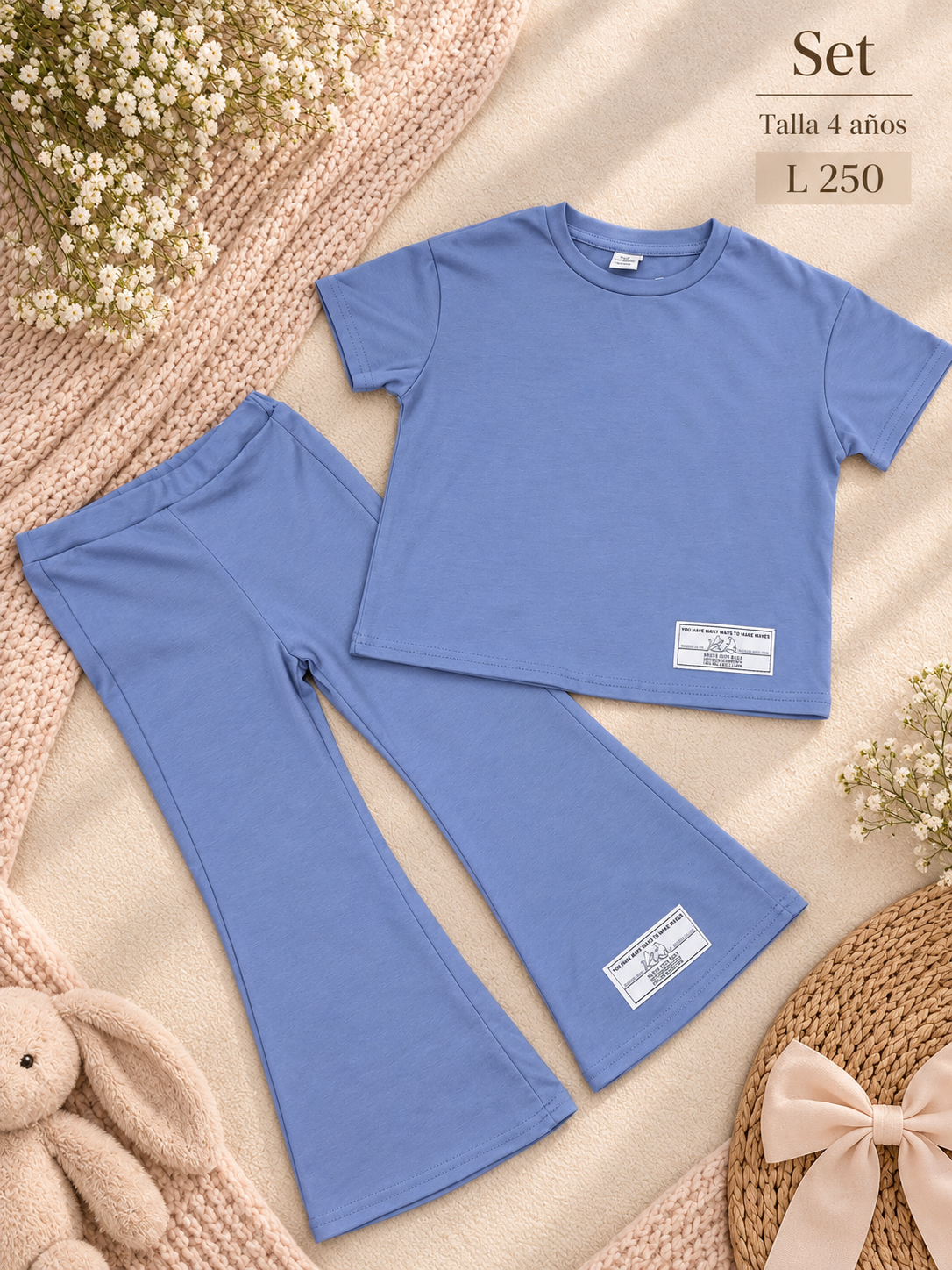 Conjunto de 2 piezas en color azul para niña, camiseta de manga corta y pantalones acampanados