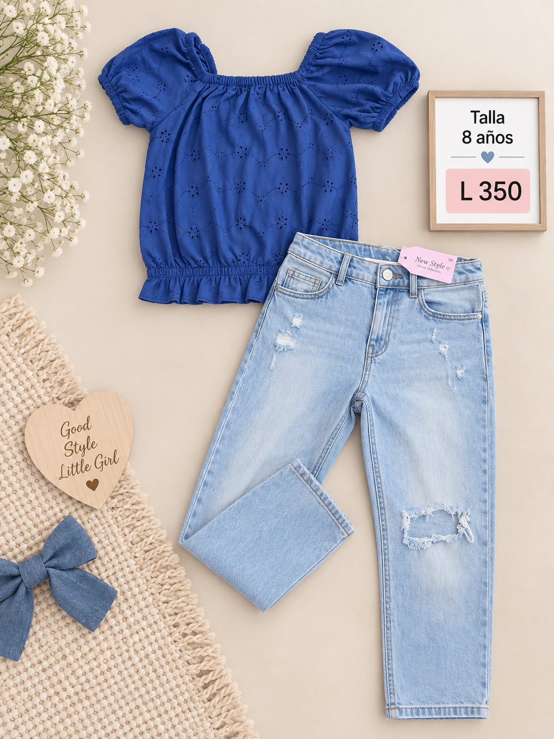 Conjunto para niña, blusa azul de manga corta abullonada y unos jeans claros con detalles desgastados