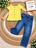 Conjunto para niña de blusa amarilla con volantes y con un pantalón de mezclilla
