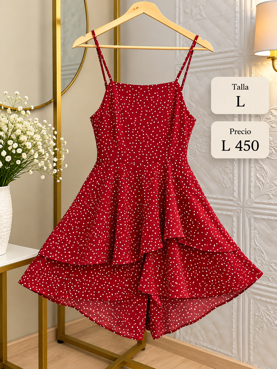 Vestido corto de color rojo con tirantes finos y un llamativo estampado de lunares