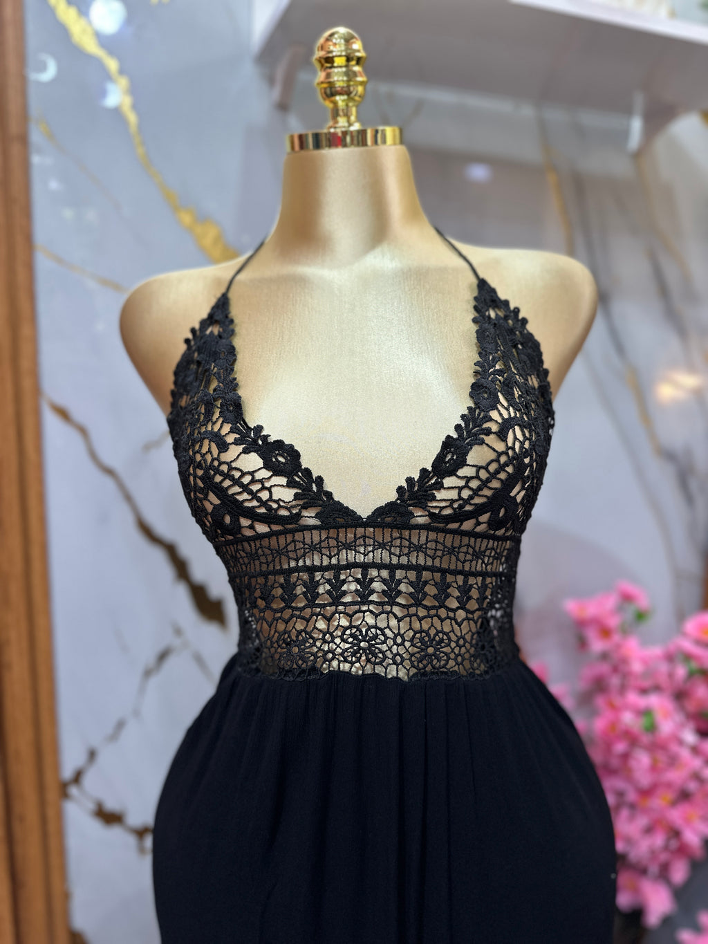 Vestido largo SHEIN de estilo halter parte superior de encaje y escote en V