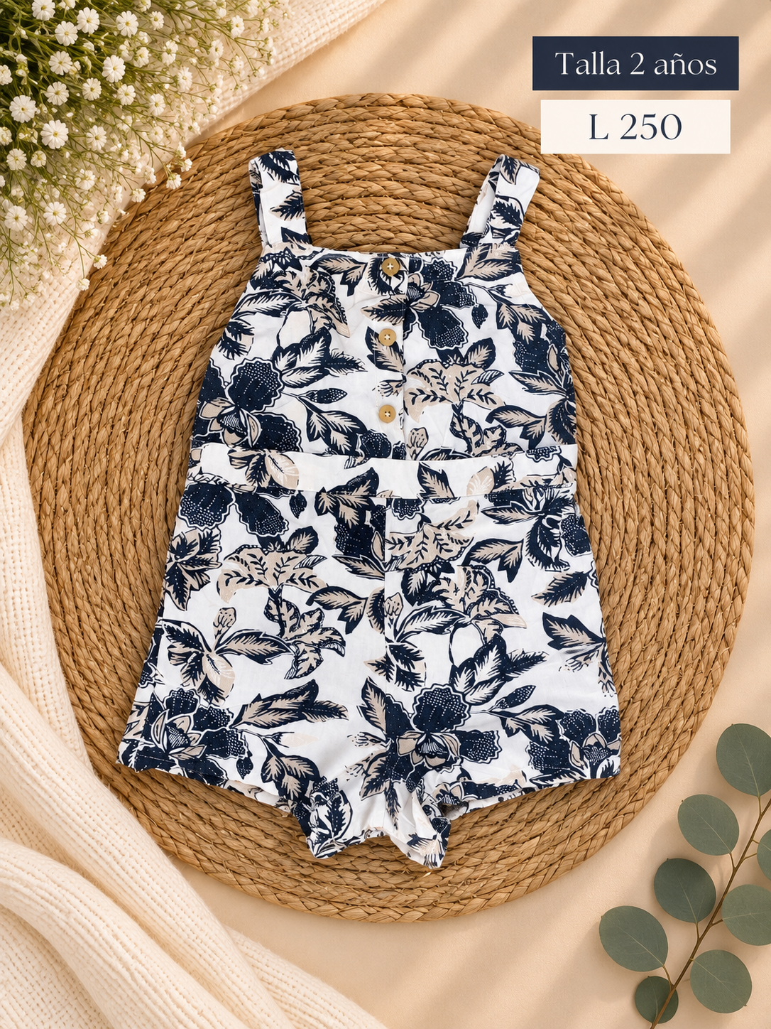 Enterizo sin mangas para niña con un estampado floral y detalle de botones al frente