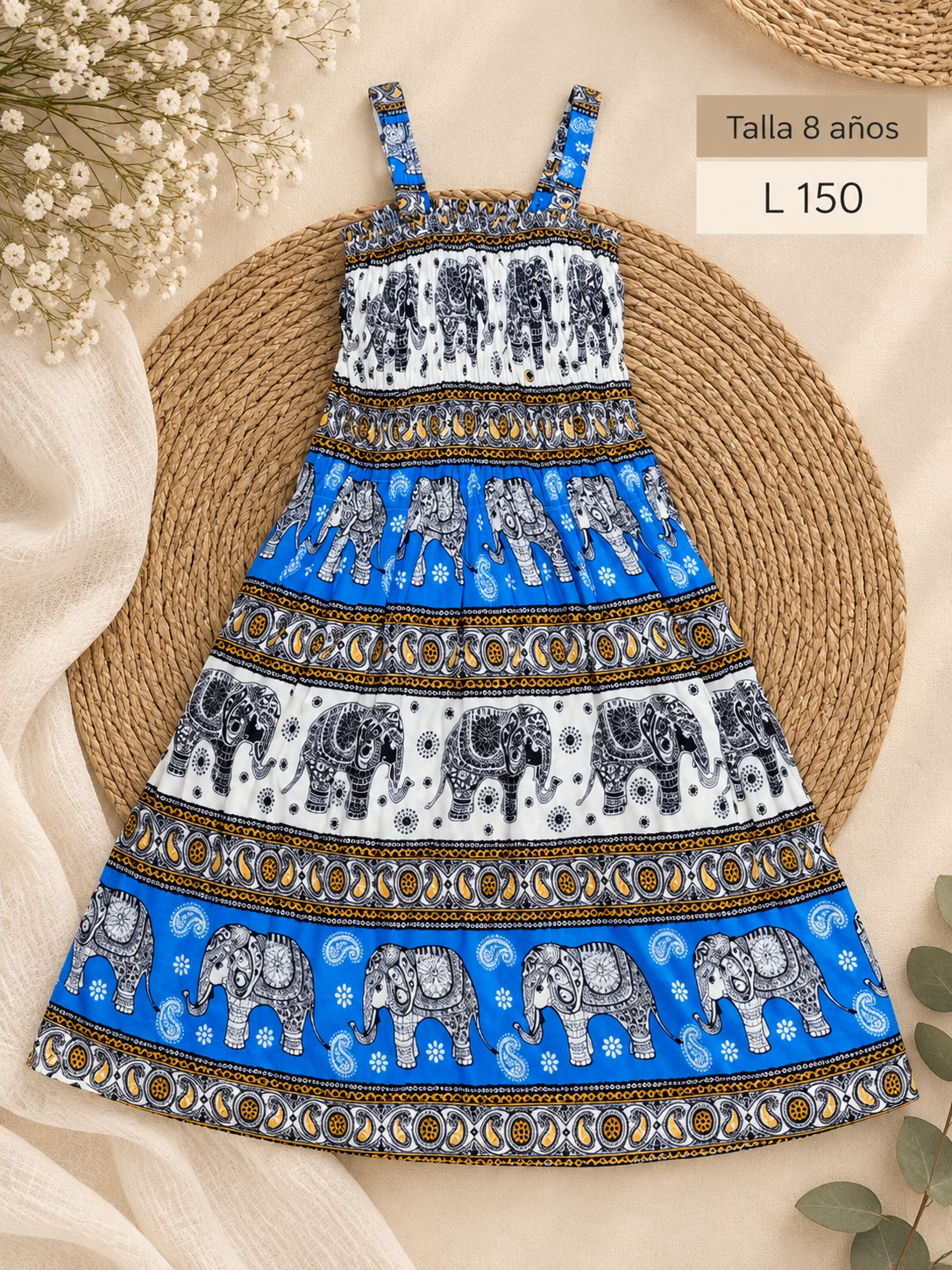 Vestido largo para niña de tirantes con un estampado tradicional de estilo tailandés con corpiño fruncido