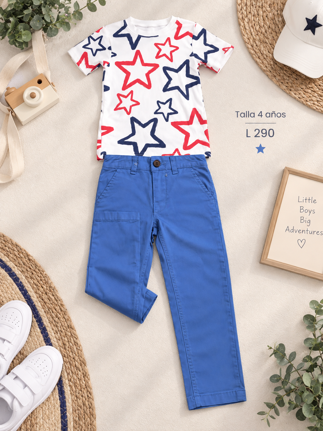 Conjunto para niño, camisa blanca con estampado de estrellas y un pantalón azul