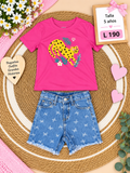 Conjunto para niña, camisa rosada con tierno estampado y un short Jean con detalles de mariposas