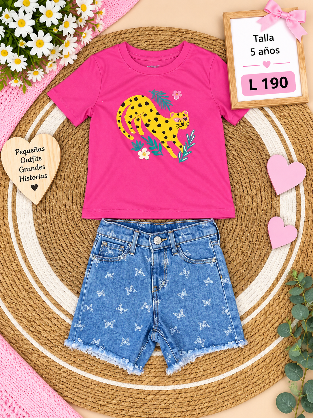 Conjunto para niña, camisa rosada con tierno estampado y un short Jean con detalles de mariposas