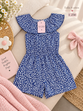 Enterizo para niña estilo campesino color azul con estampado floral