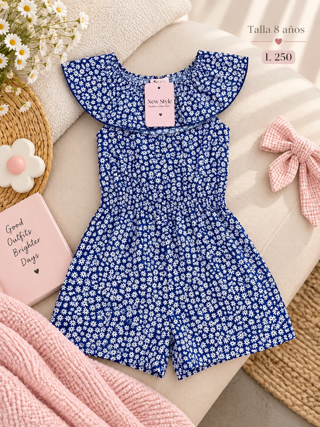 Enterizo para niña estilo campesino color azul con estampado floral