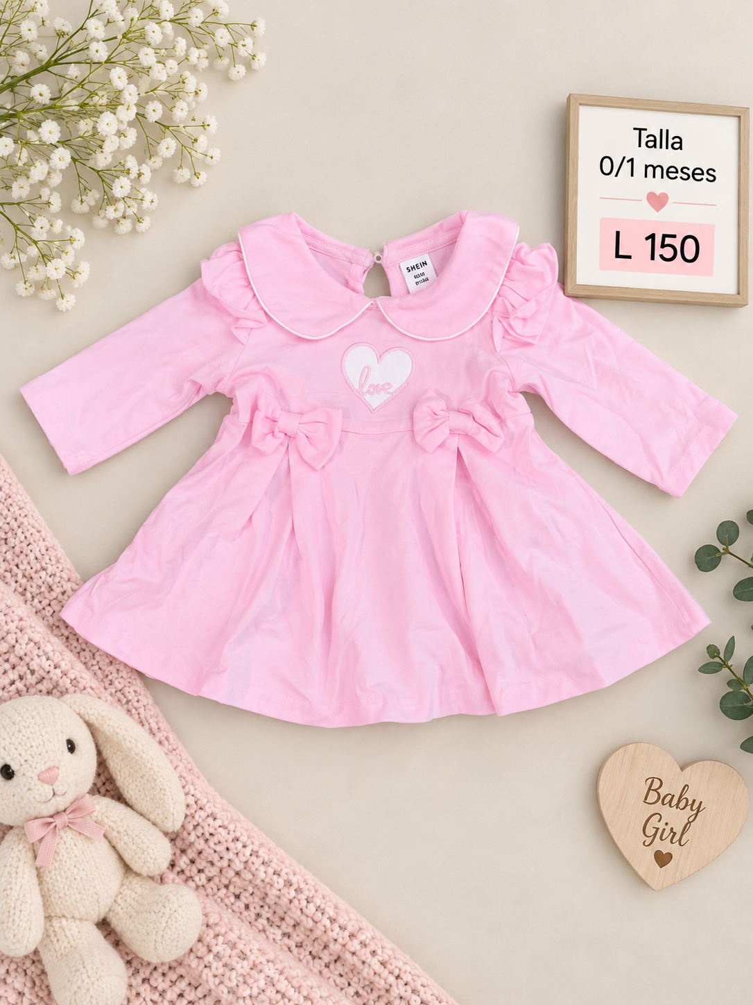 Vestido para bebé estilo coquette en color rosado de manga larga