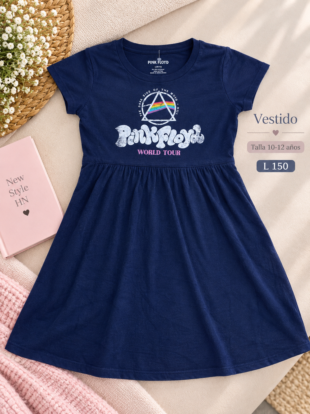 Vestido para niña de manga corta en color azul marino con estampado de Pink Floyd