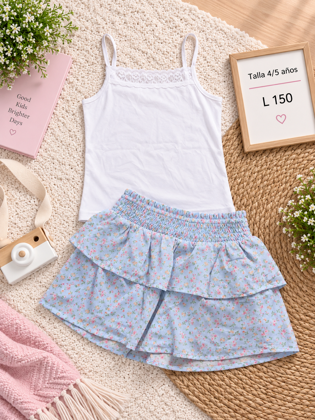 Conjunto para niña, blusa blanca de tirantes y una falda con estampado floral