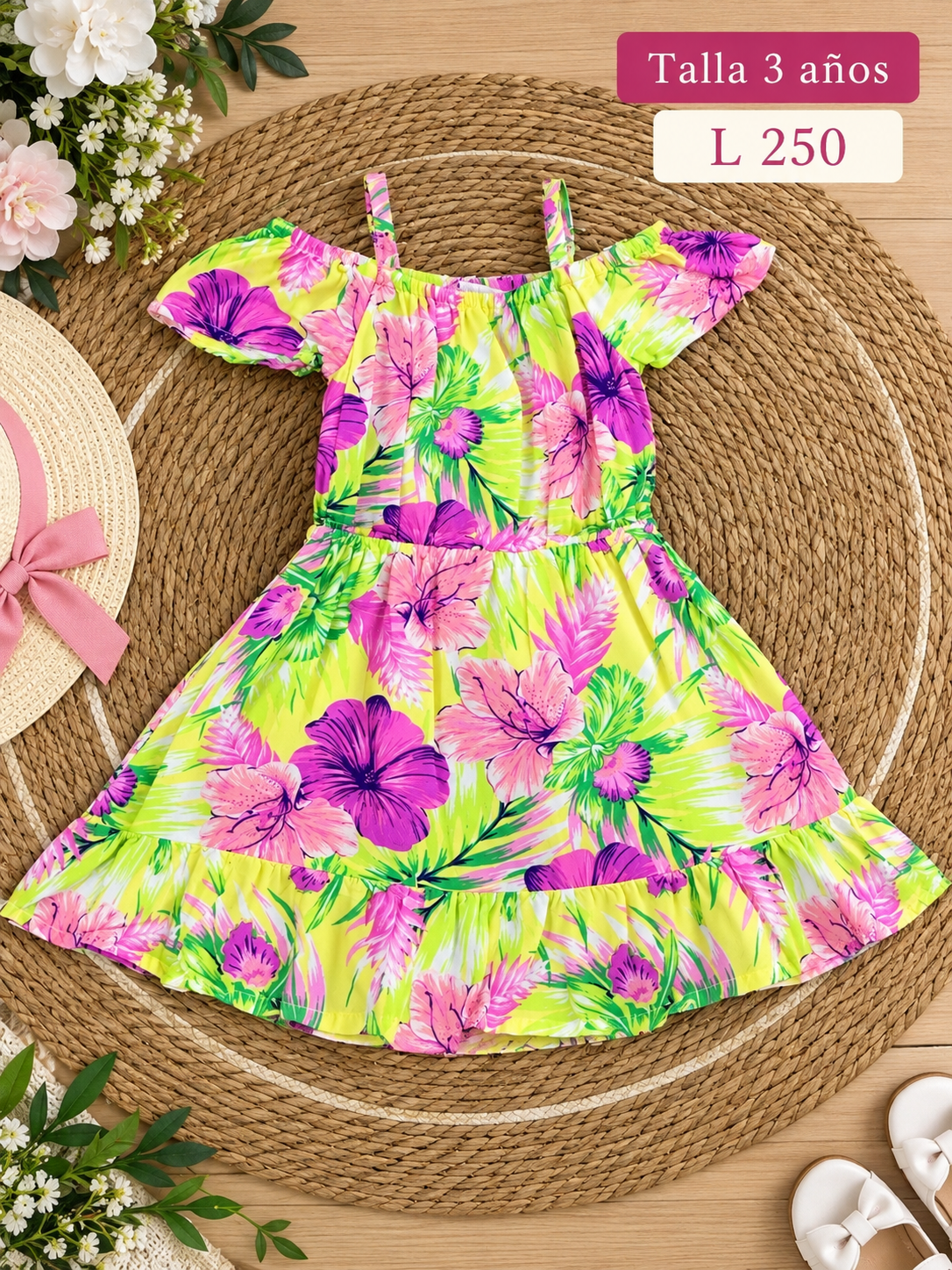 Vestido corto para niña con estampado tropical