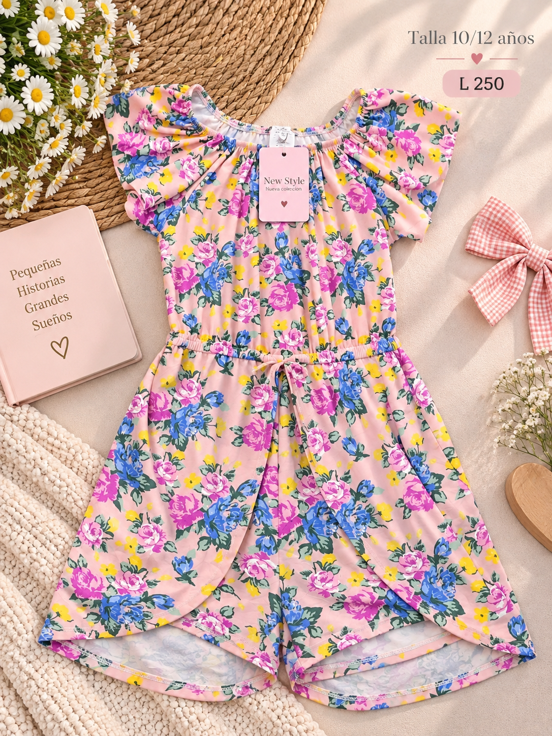 Enterizo corto para niña con un fondo en tono rosa y un vibrante estampado floral