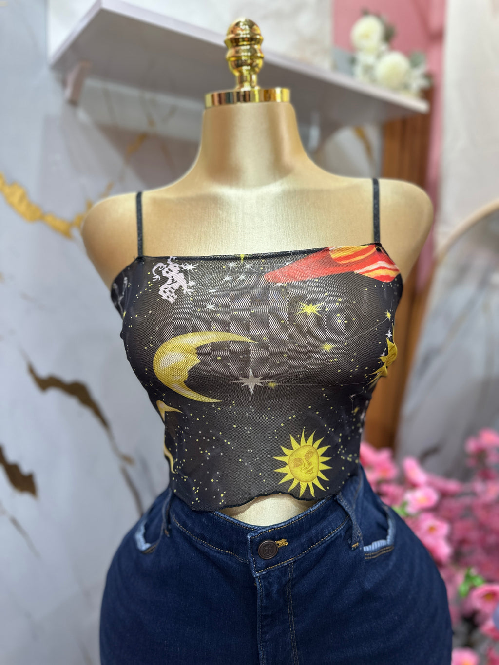 Top transparente de tirantes con estampado astronómico
