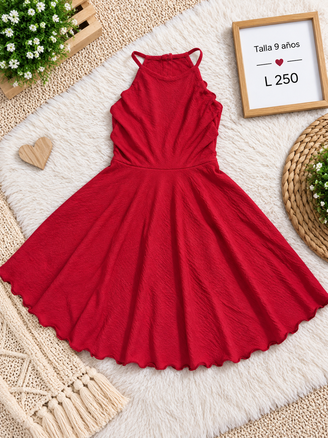 Vestido rojo para  niña con cuello halter y falda en línea A