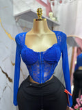 Top azul rey estilo corsé con encaje de manga larga con cierre frontal de ganchos