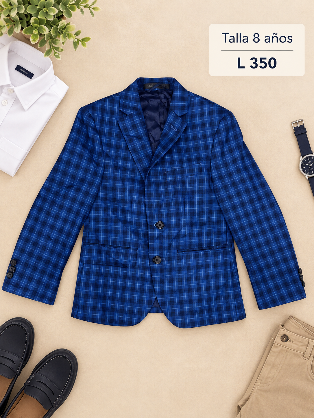 Blazer formal para niño de color azul con patrón de cuadros y de botones frontales