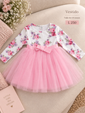 Vestido para bebé de manga larga con un estampado floral y una falda de tul rosa