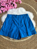 Short de Talle Alto Azul Real Plisado y con Dobladillo
