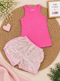 Conjunto para niña, camisa sin mangas rosada y shorts blancos con estampado