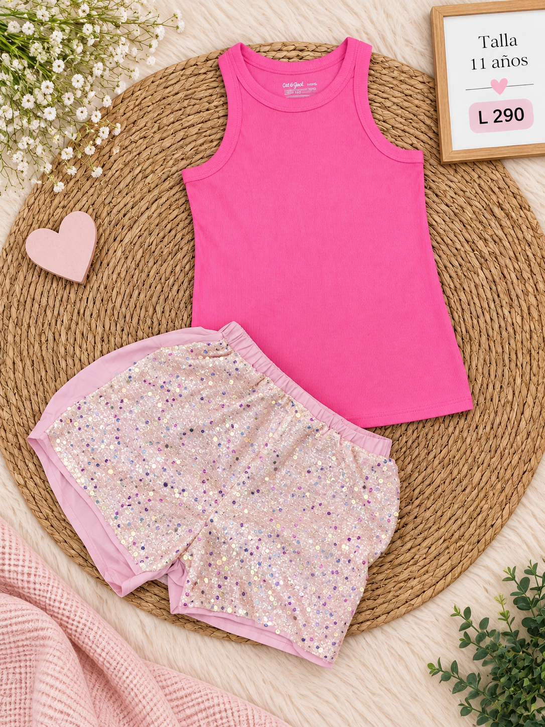 Conjunto para niña, camisa sin mangas rosada y shorts blancos con estampado