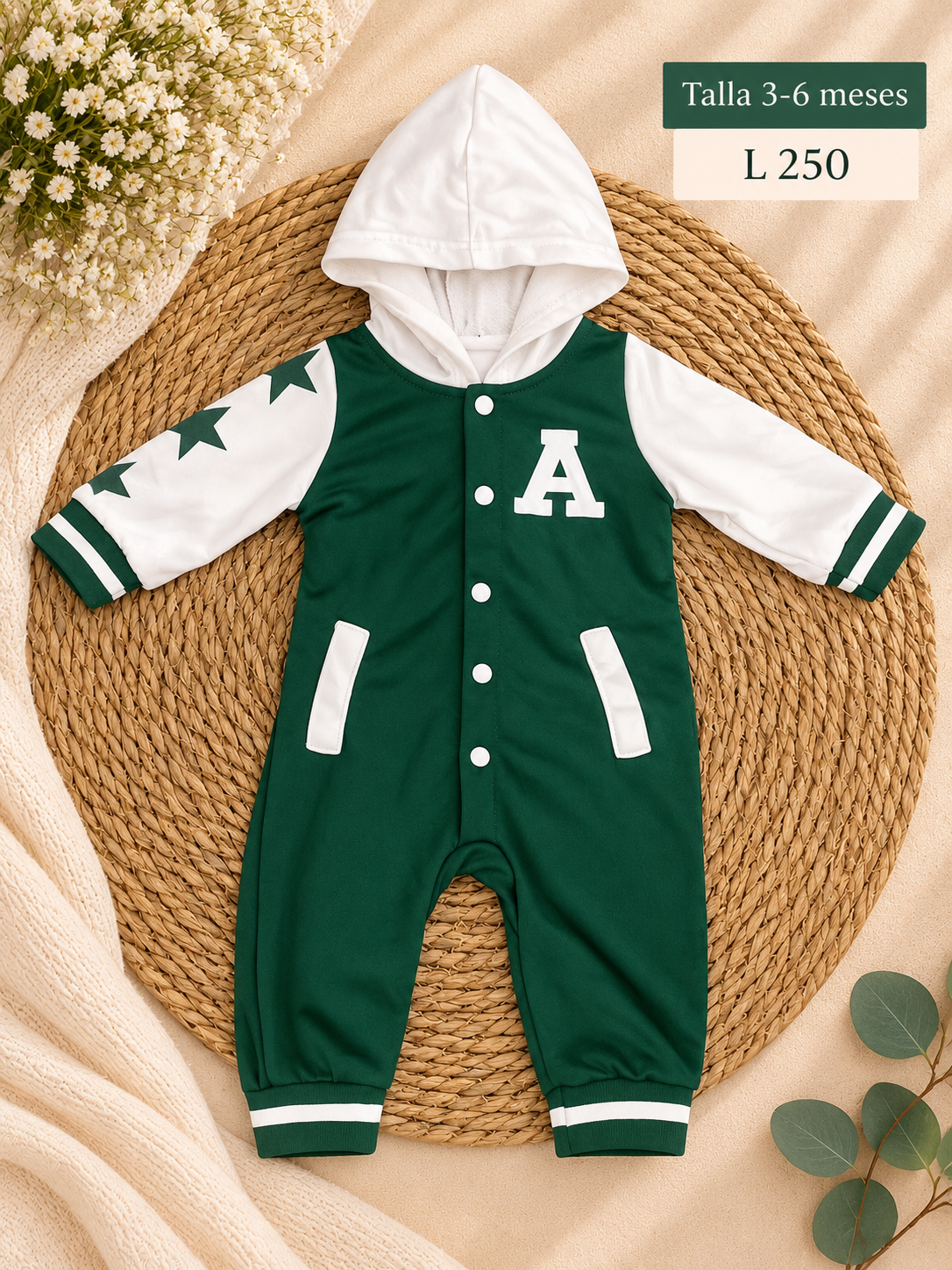 Mameluco estilo beisbolista para bebé en verde y blanco