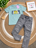 Conjunto para niño, camiseta verde con estampado y Jean con estilo de rotos en las rodillas