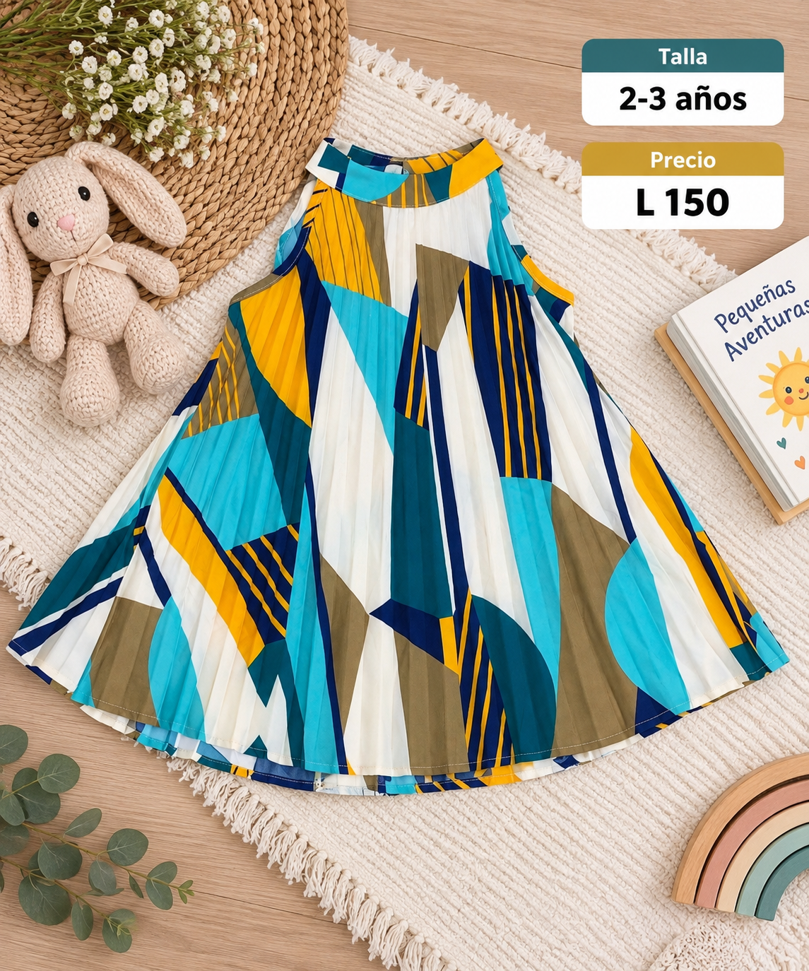 Vestido sin mangas para niña con llamativo estampado geométrico multicolor