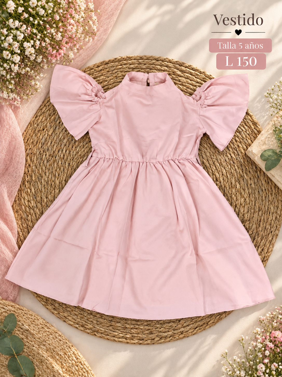 Vestido rosa para niña con detalles de mangas abullonadas con volantes