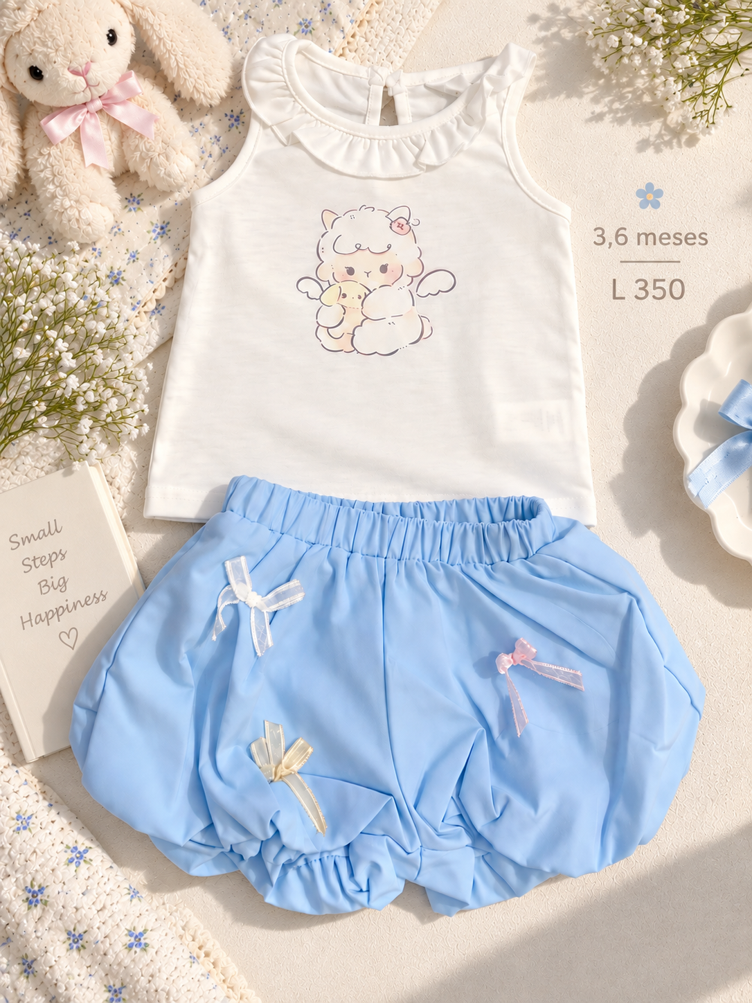 Conjunto de bebé, blusa sin mangas color blanco con estampado de ovejita y un short azul estiló abullonado